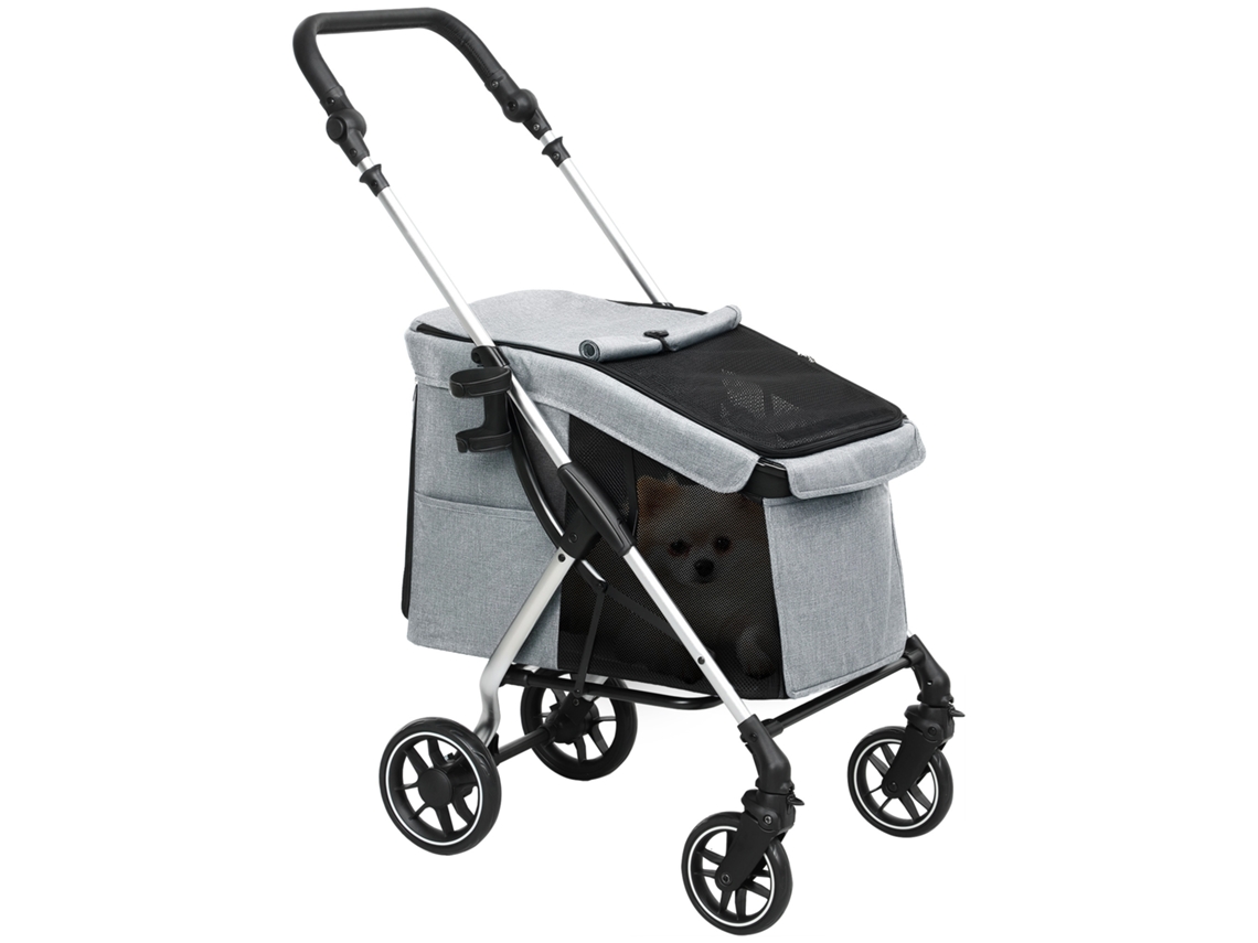 Carrinho dobrável para cães com rodas universais cinto segurança almofada lavável 80x48,5x106cm cinza S/MARCA