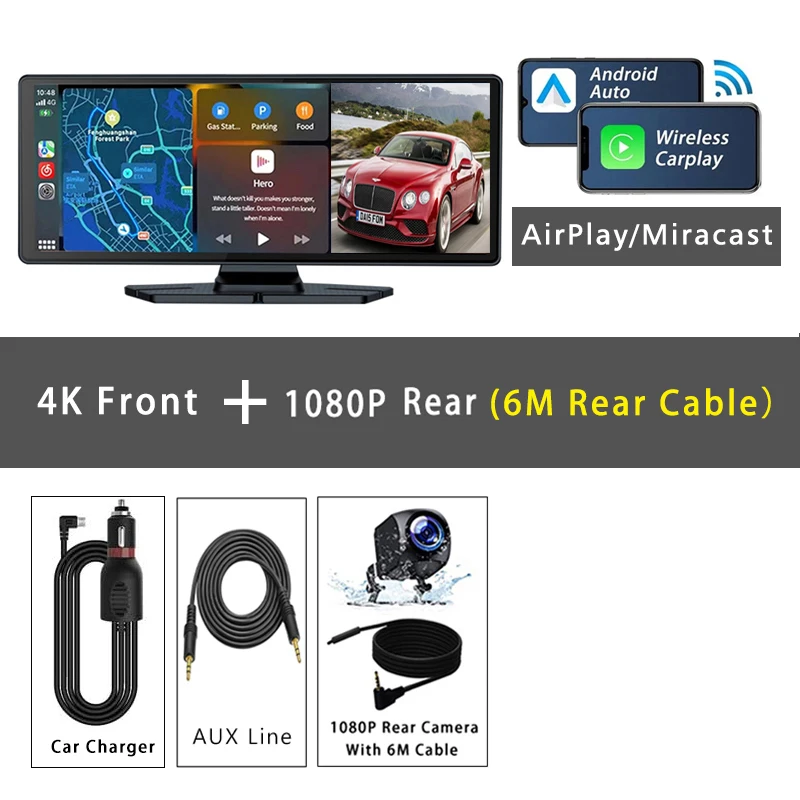 (dvr-6m 64g) Câmera Veicular 4k, 10,26 Polegadas, Carplay, Gps, Lente Dupla