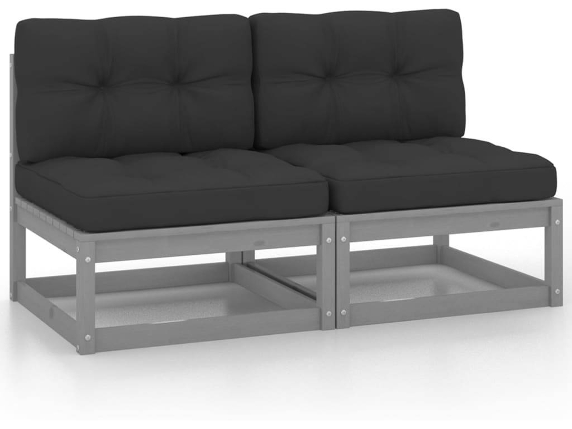 vidaXL Sofás centro jardim c/ almofadões 2 pcs pinho maciço cinzento