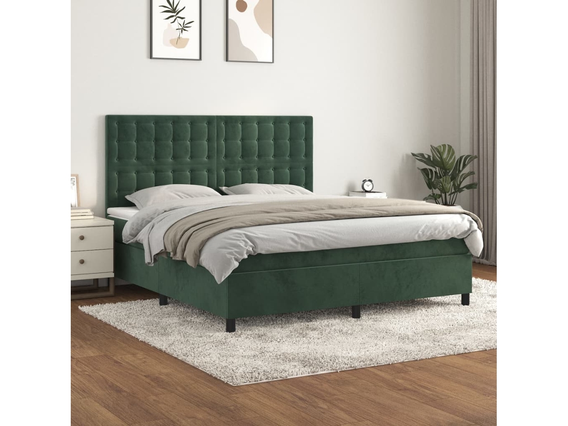 Cama Com Molas/colchão 180x200 Cm Veludo Verde-escuro