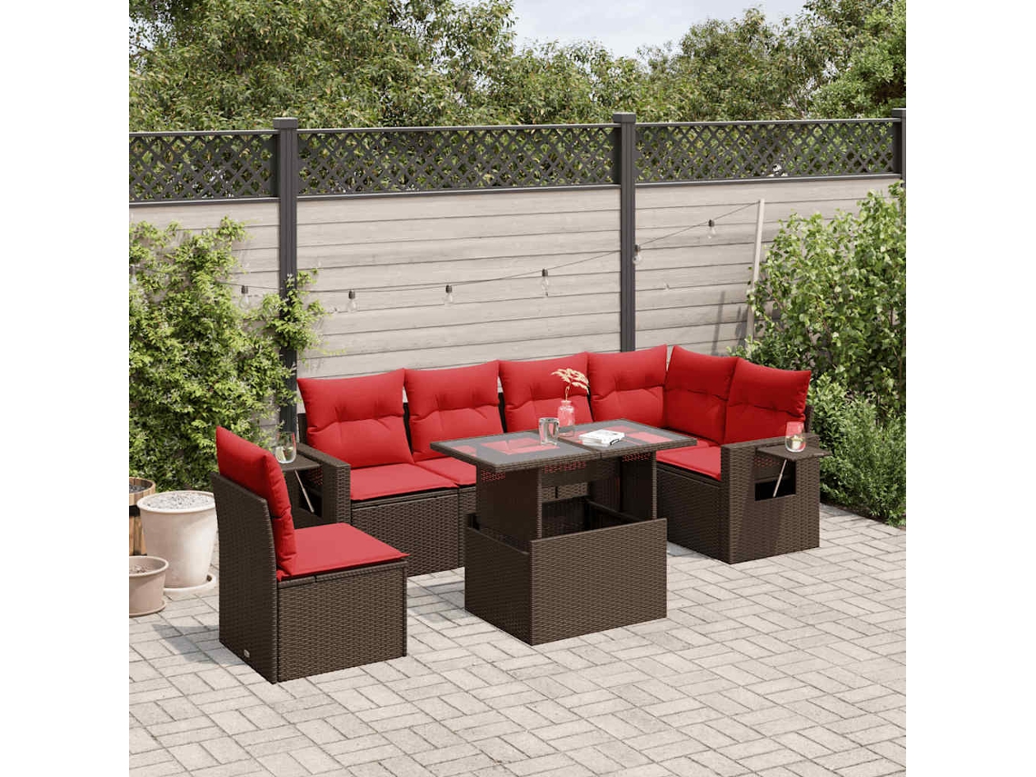 Vidaxl Conjunto De Sofá De Jardim Com 7 Peças E Almofadas Em Rattan Sintético Marrom