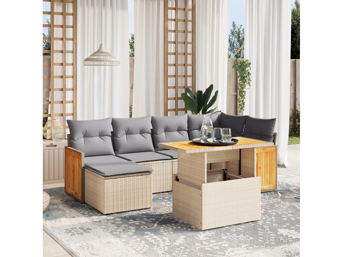 Vidaxl 7 Pcs Conjunto De Sofás P/ Jardim Com Almofadões Vime Pe Bege