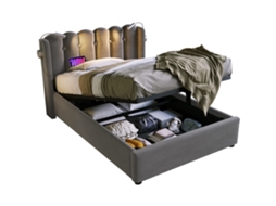 Cama Estofada Solteiro 90x200 com Cabeceira e Luz de Leitura,estrutura em Veludo Cinza,armazenamento Integrado PAPRIKA