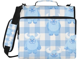 Organizador de massas com 3 argolas e alça superior com estampa de monstros em xadrez vichy, fácil de transportar, ideal para ensino médio.