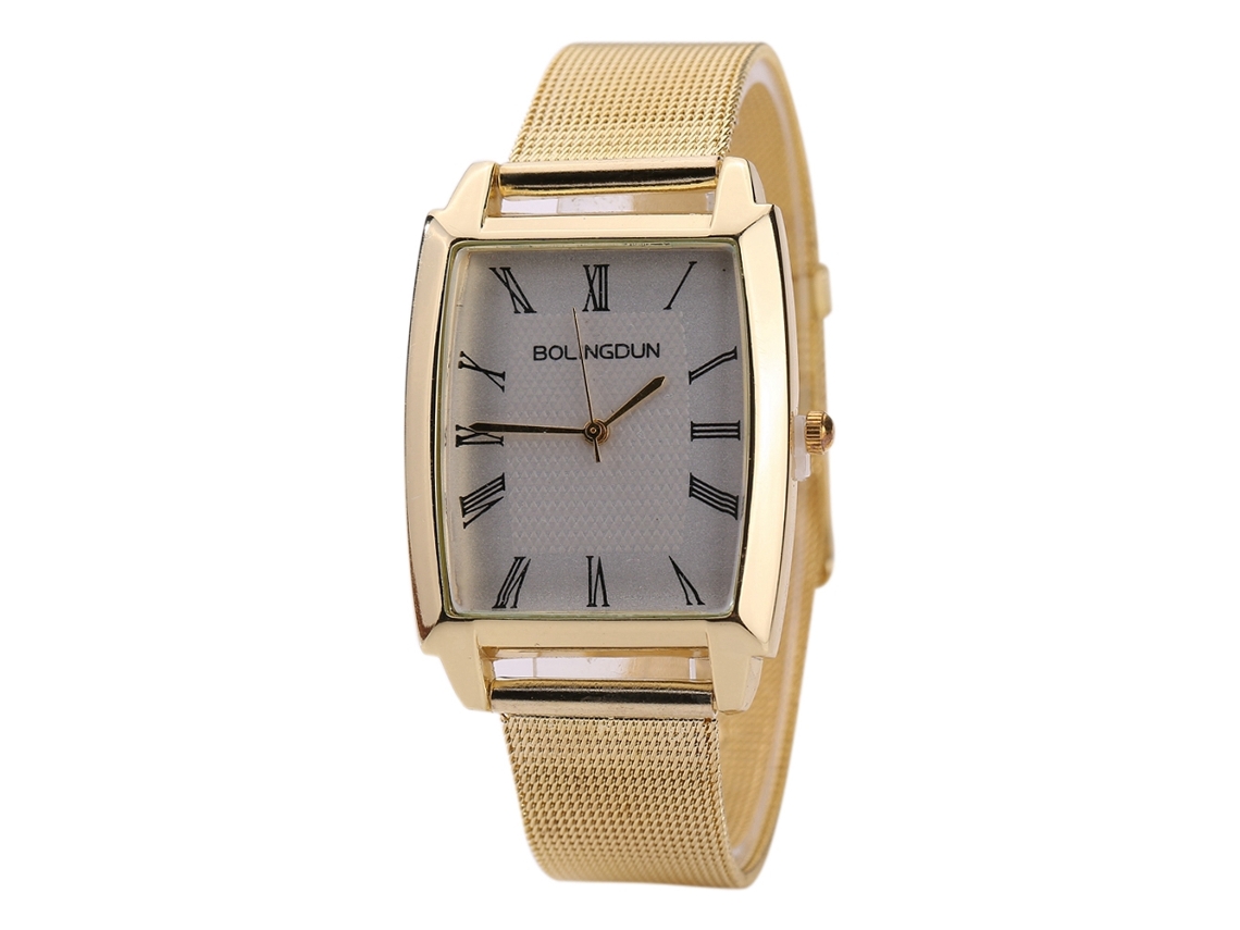 Relógio de quartzo com pulseira de malha metálica, mostrador quadrado com numerais romanos, unissex (dourado + branco)