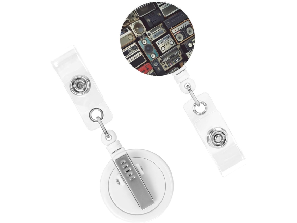 Suporte retrátil para crachá, bobinas de identificação resistentes, montagem na parede, design clássico de boombox, suporte