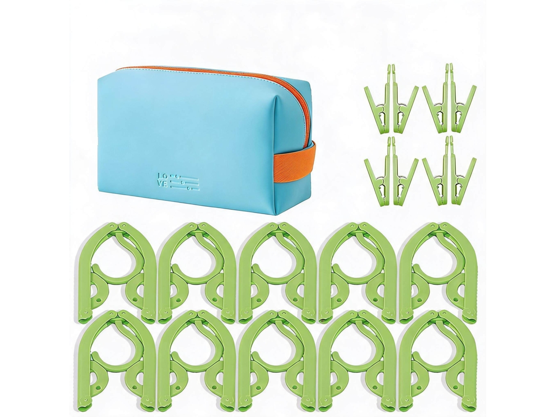 Conjunto Cabides Eifson Dobráveis Viagem 10 Cabides Com 8 Pregadores + Bolsa (verde)