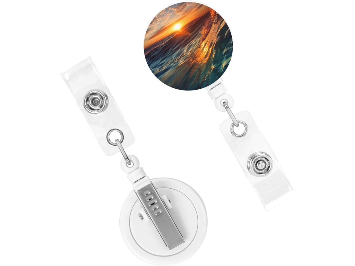 Porta Crachá Retrátil Resistente, Com Crachá Espiral Estampado Pelo Sol No Oceano, Chaveiros Reforçados E