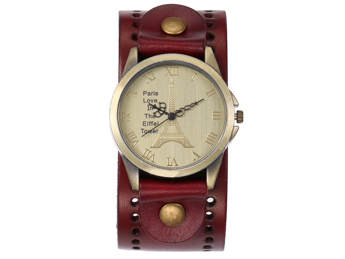 Relógio de quartzo com pulseira de couro PU, estilo punk vintage, mostrador com padrão de torres, unissex, vermelho