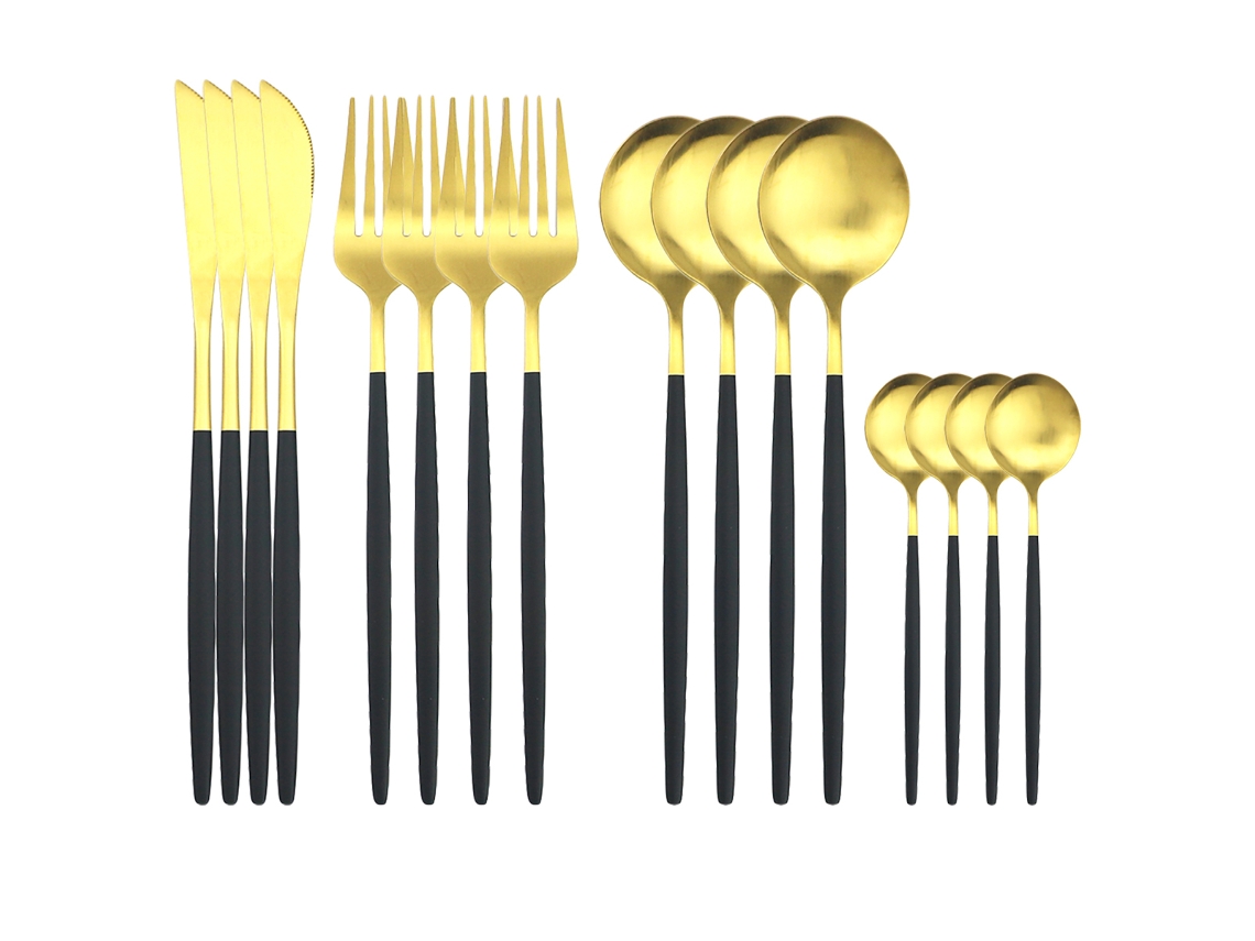 Conjunto de Jantar de 16 Peças em Aço Inoxidável e Vidro , Incluindo Faca, Colher, Garfo e Guardanapo. MDUG (preto e Dourado)