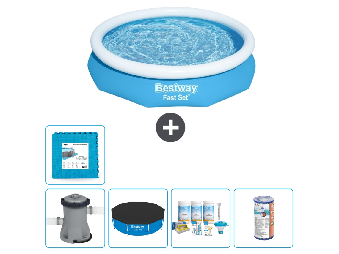 Piscina Inflável Redonda BESTWAY Fast Set 305 X 66 Cm Azul Inclui Bomba Cobrir Pacote de Manutenção Filtro Ladrilhos