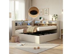 Sofá de Dia 140x190cm Armazenamento Hidráulico Cama Estofada Led Usb Encosto Veludo Bege GE | S/MARCA