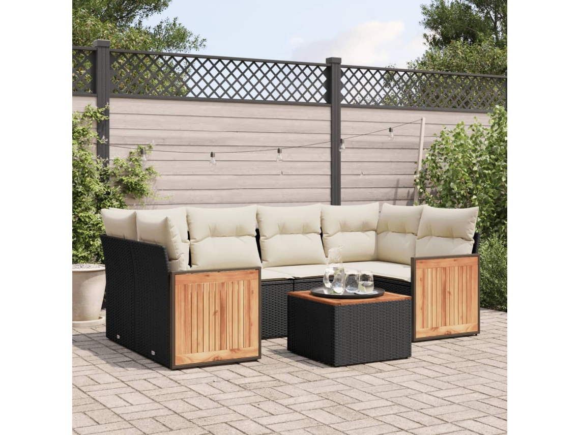 Vidaxl 7 Pcs Conjunto De Sofás P/ Jardim C/ Almofadões Vime Pe Preto