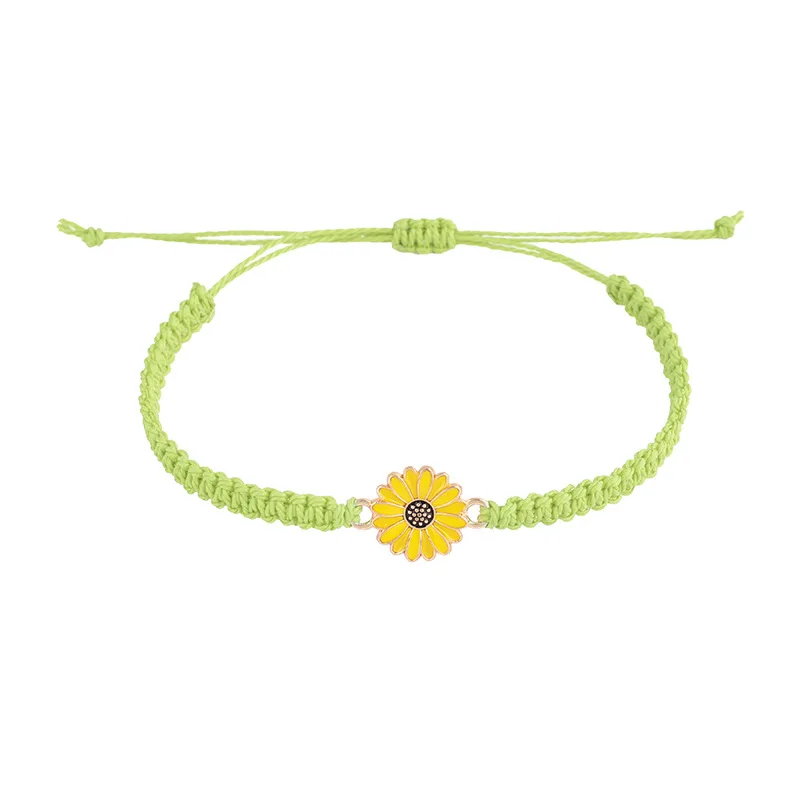 Pulseira da Sorte Moderna com Girassóis e Margaridas , Feita À Mão com Fio Encerado. MDUG (verde Grama)