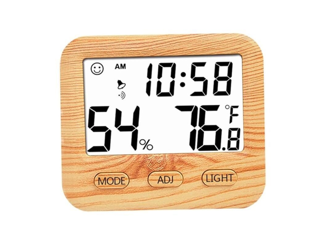 Termômetro digital de ambiente, higrômetro, relógio de mesa, com medidor de temperatura e umidade, madeira