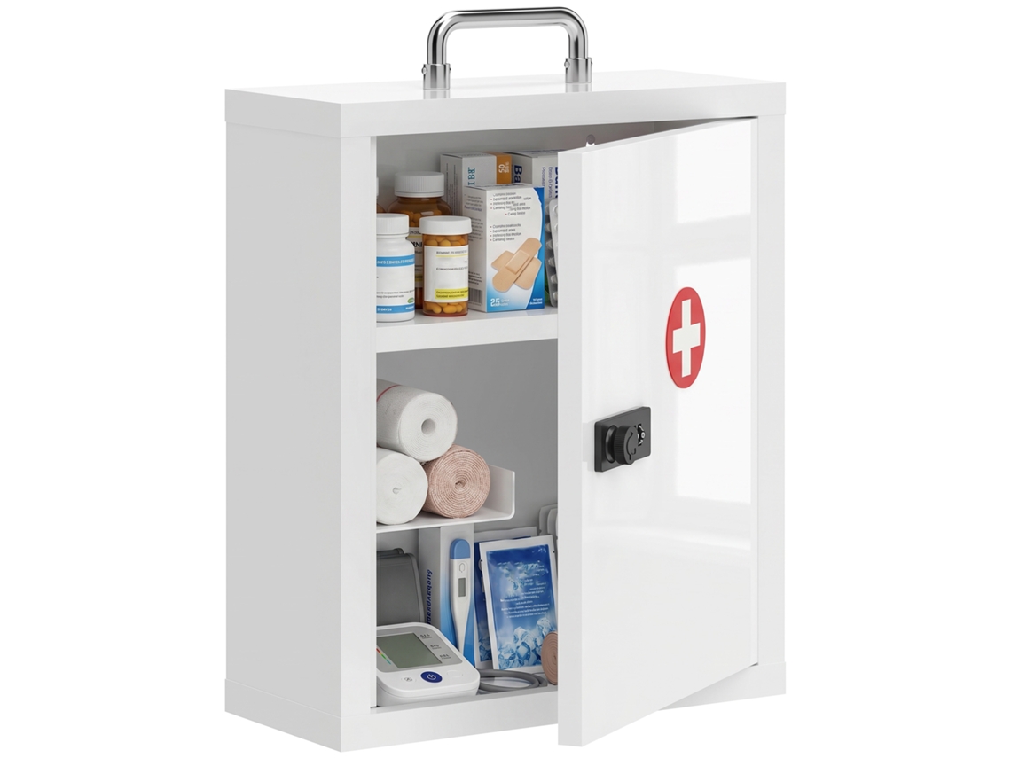 Armário De Medicamentos De Parede Em Aço Branco Com 3 Níveis E Fecho Numérico