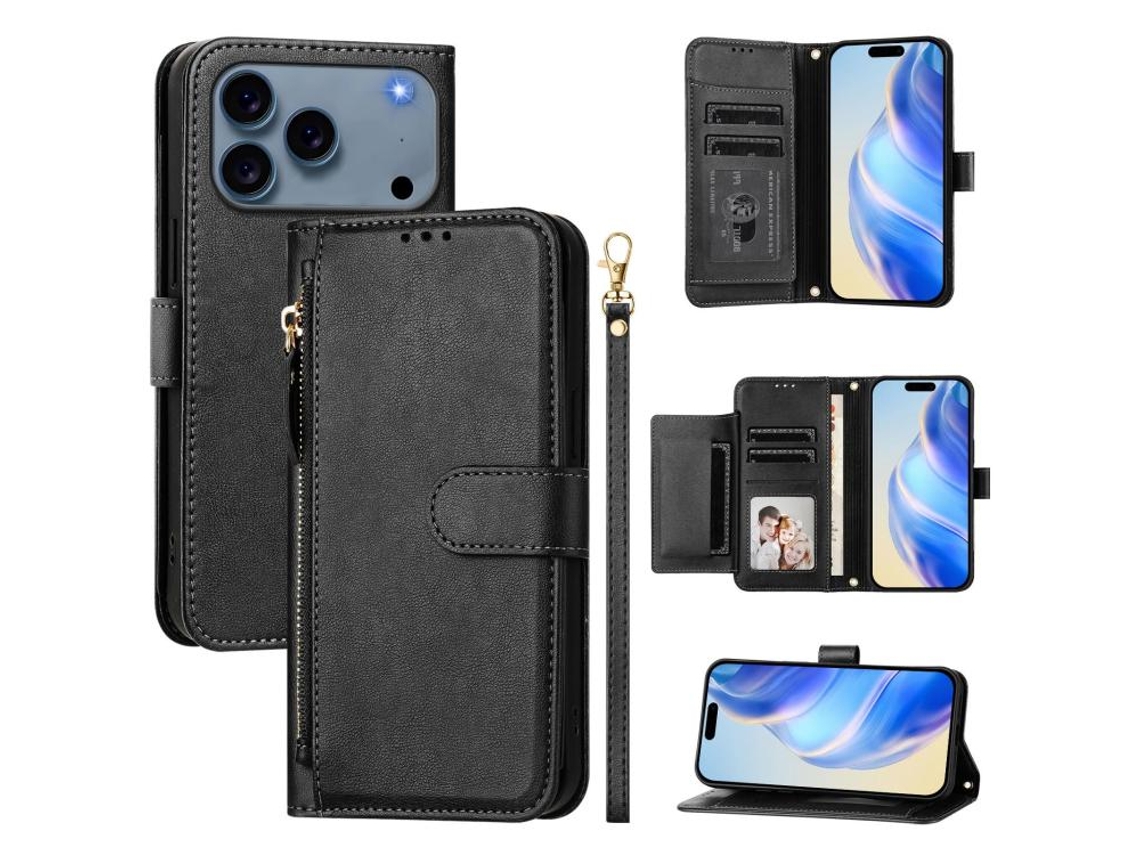 Capa De Couro Para Iphone 17 Pro Com Vários Compartimentos Para Cartões E Zíper.