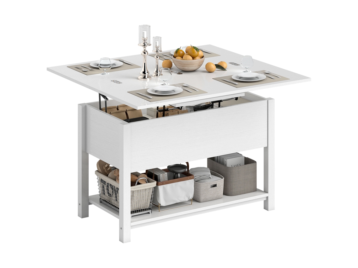 Mesa De Centro Extensível E Com Tampo Elevatório, Mesa De Sala Com Compartimento Oculto E Prateleira Aberta