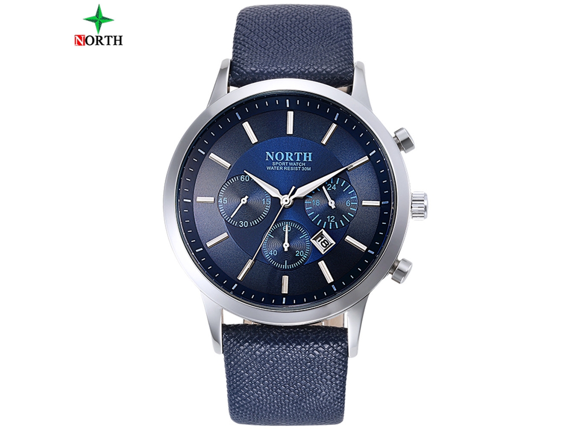 Reloj Analógico De Cuarzo Impermeable 30m Con Correa De Cuero Azul