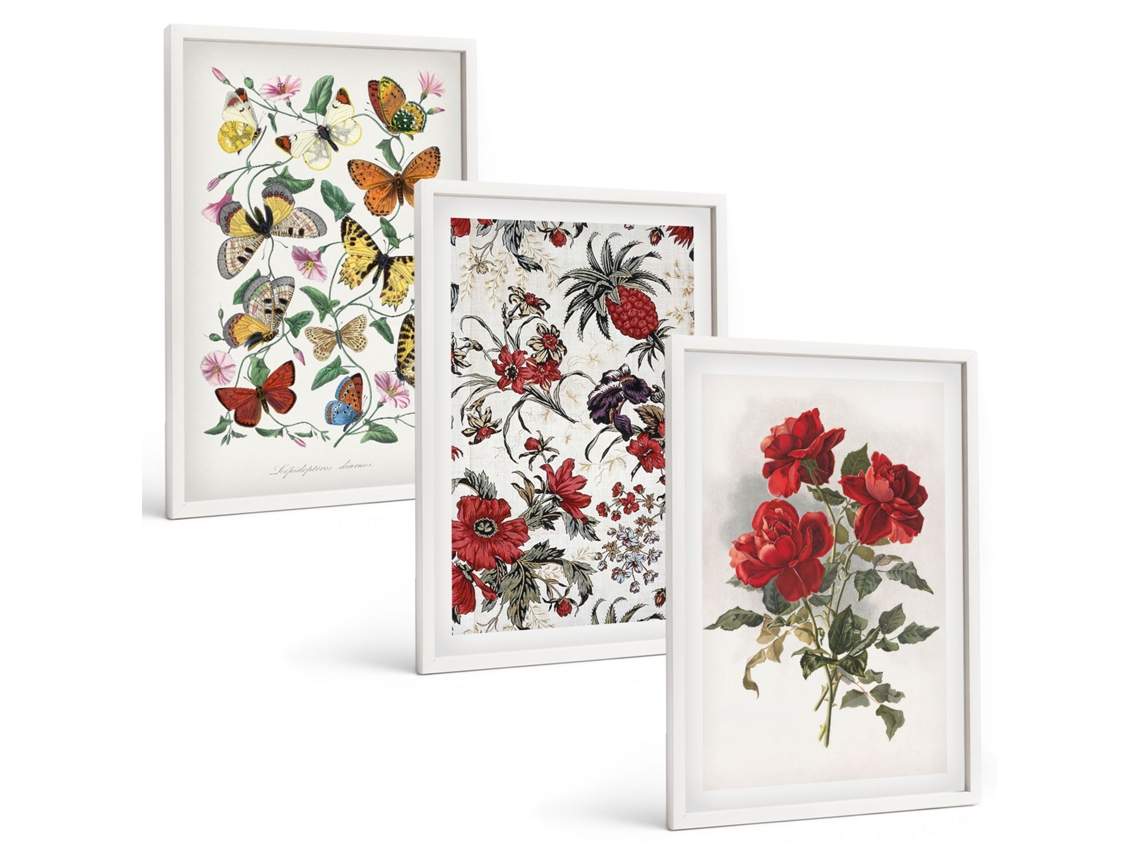 Conjunto De Pinturas Borboletas, Flores, Rosas Vermelhas Moldura Branca Imagens Para Um Quarto Infantil Espelharte (3 Piezas De 40x60 Cm)