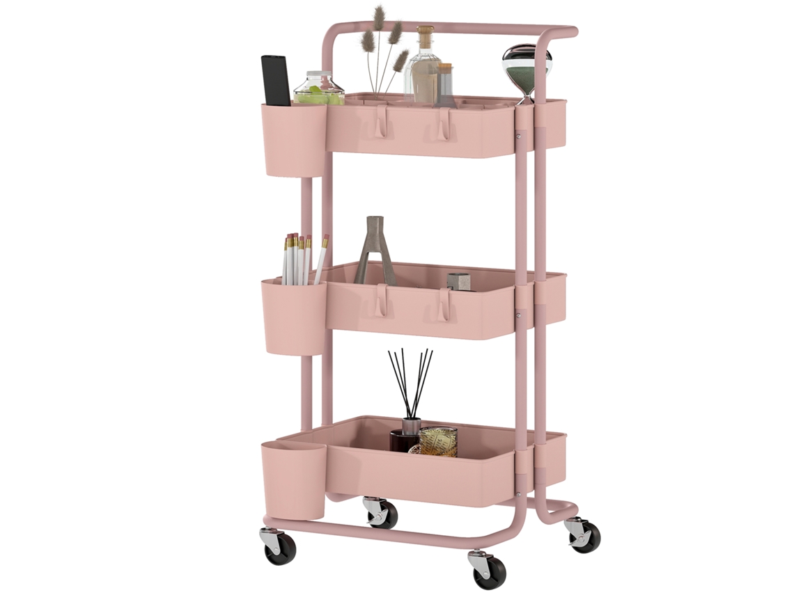 Carrinho De Cozinha Carrinho De Armazenamento Com 4 Ganchos 3 Cestas Removíveis 3 Caixas Suspensas 42x38x86,5 Cm Rosa