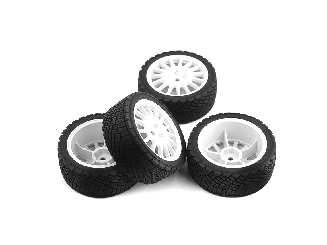 Conjunto de 4 Pneus e Rodas de Corrida Brancos para Carros Rc Kyosho e Tamiya À Escala 1:10. MDUG