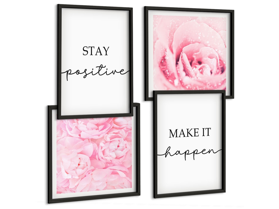Composição De Quadros Frases Motivacionais Com Flores Espelharte (4 Peças)