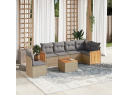 7 Pcs Conjunto De Sofás P/ Jardim Com Almofadões Vime Pe Bege Dkd Home Decor