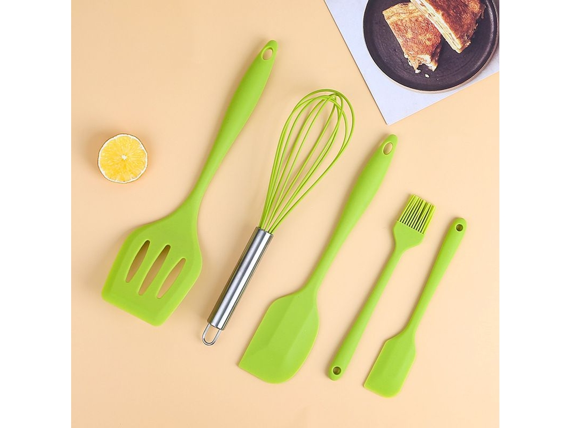 2026 conjunto de 5 Espátulas de Silicona, Escova, Raspador e Batedor para Cozinha e Confeitaria, Mistura Verde, Resistente Ao Calor