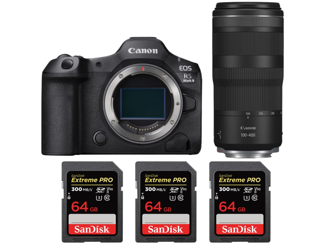 Eos R5 Mark Ii + Rf 100 400mm F/5.6 8 Is Usm + 3 Sandisk 64gb Uhs ii 300mb/s + Ebook “20 Dicas para Fotos Que Impressionam” CANON