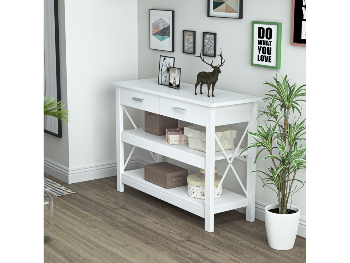 Mesa De Console Estilo Moderno Com 2 Gavetas E Prateleiras Inferiores 105x40x76 Cm Branco