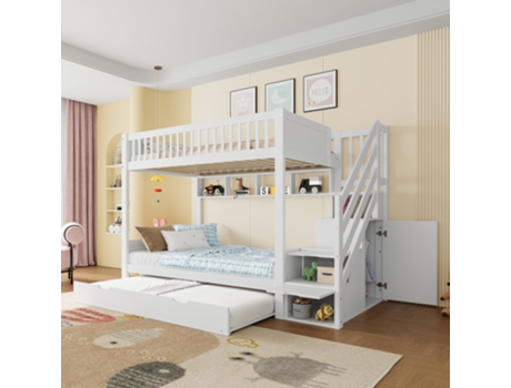 Cama Loft 90x200cm Infantil Com Gavetas, Armário, Escada, Branco (254x95x165cm)