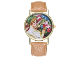 Reloj De Cuarzo Con Correa De Cuero Pu Moda Patrón Cartoon Unisex Beige