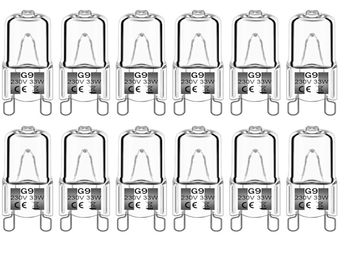 Lurelia Pacote com 12 Lâmpadas Halógenas G9 33w 230v 2800k 380lm, Branco Quente, Sem Cintilação, Cápsula Transparente, Uso Interno
