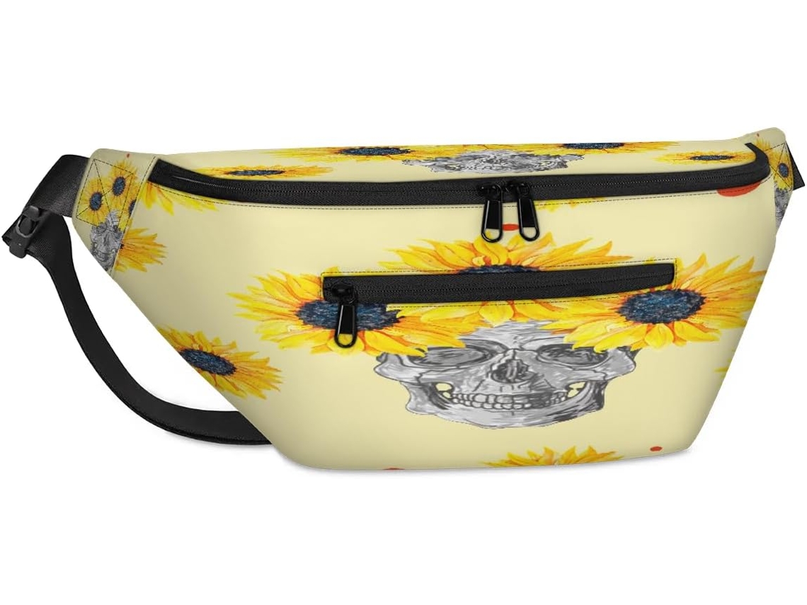 Bolsa de ombro unissex Tropicallife com estampa de caveira e girassol, 38x25x9x19cm, design impermeável.