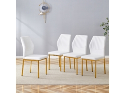 Conjunto 4 Cadeiras Jantar Pu Branco Relevo Vertical Pés Dourado