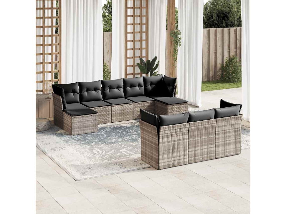 Vidaxl 10 Pcs Conj. Sofás Jardim Com Almofadões Vime Pe Cinzento-claro