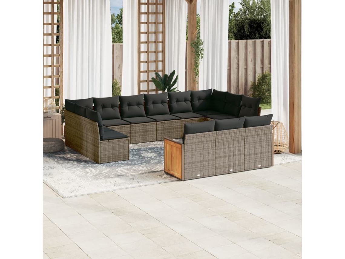 13 Pcs Conjunto Sofás P/ Jardim C/ Almofadões Vime Pe Cinzento Dkd Home Decor