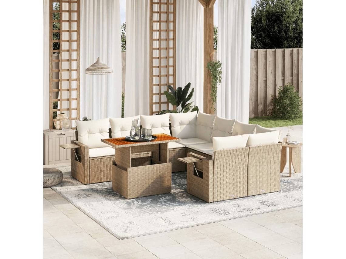 Vidaxl 9 Pcs Conjunto de Sofás P/ Jardim com Almofadões Vime Pe Bege