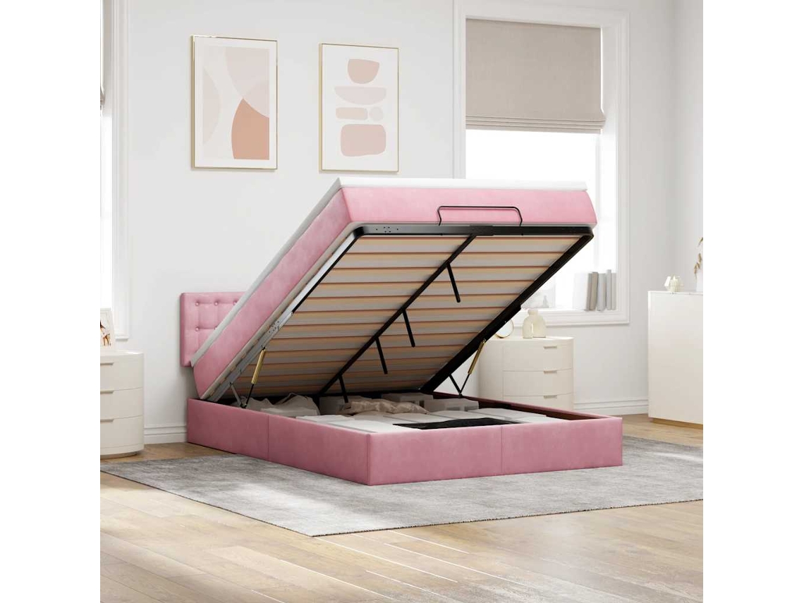 Vidaxl Estrutura De Cama Otomana Com Colchão 140x200 Cm Veludo Rosa
