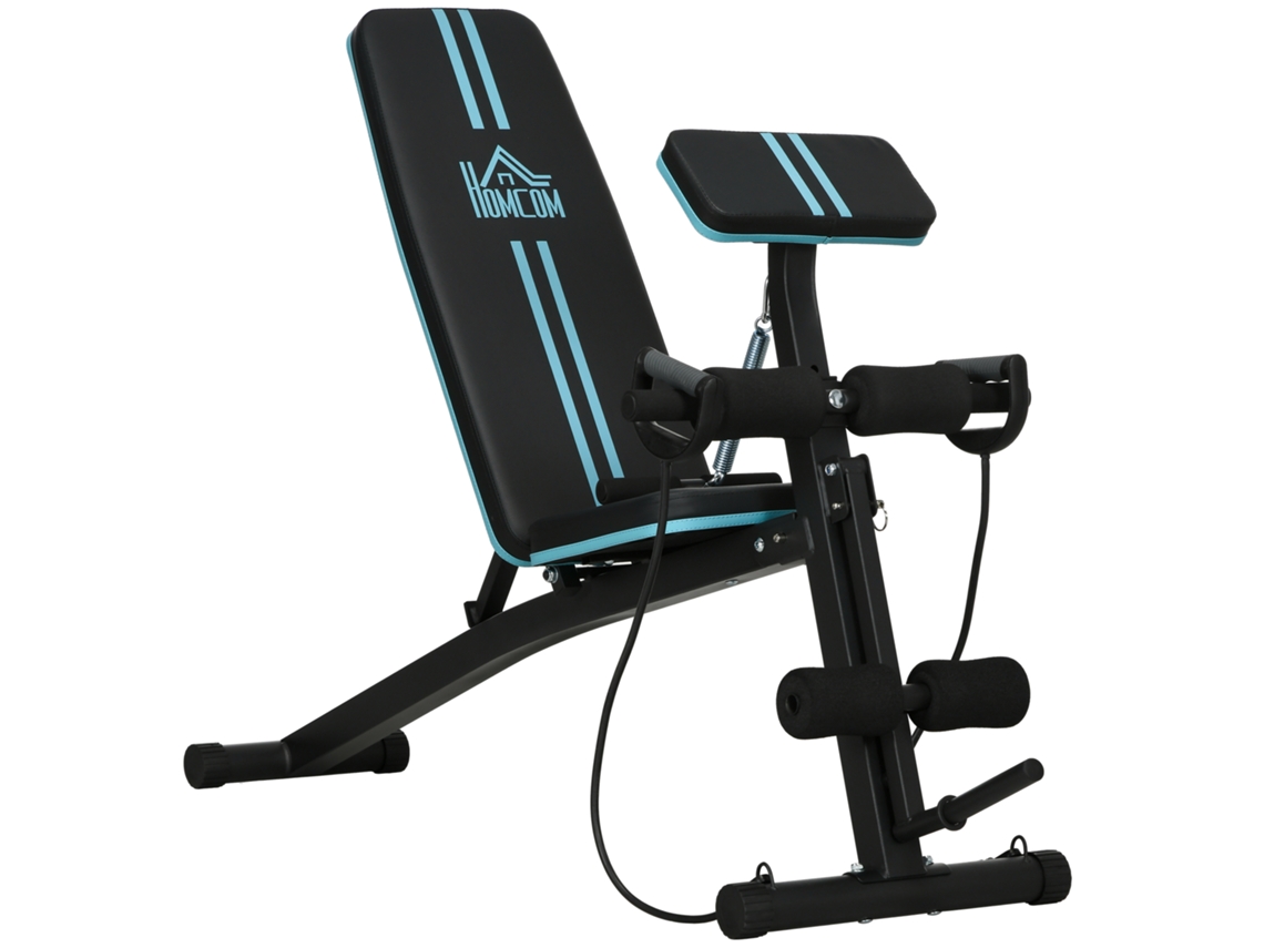 Banco de musculação duplo e inclinado, ajustável com extensor de pernas, na cor preta, 54 x 160 x 106 cm, preto e azul.
