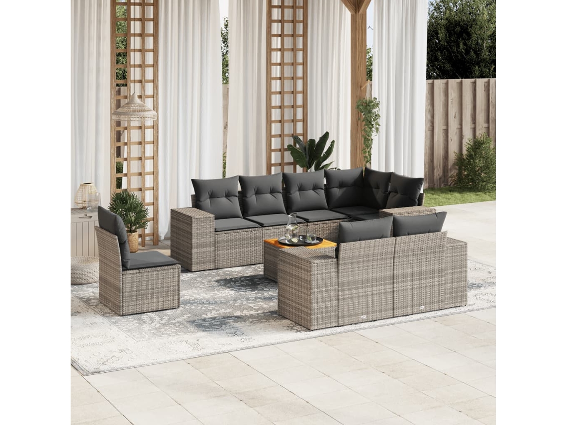 Vidaxl 9 Pcs Conjunto Sofás P/ Jardim Com Almofadões Vime Pe Cinzento