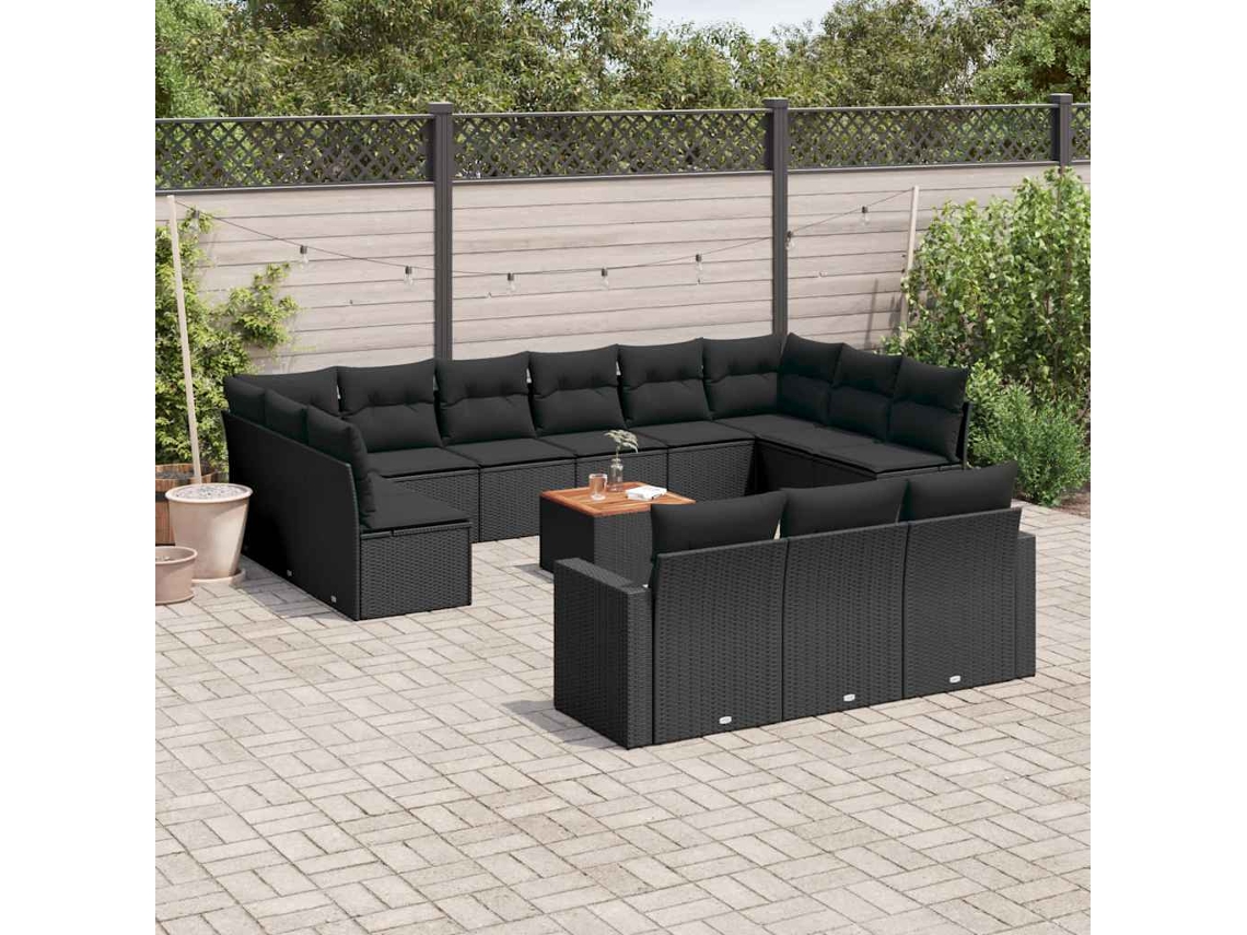Vidaxl 14 Pcs Conjunto De Sofás P/ Jardim C/ Almofadões Vime Pe Preto