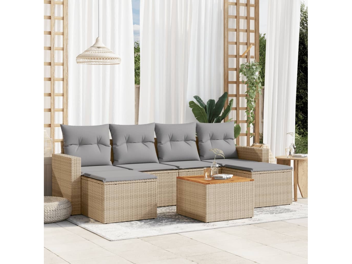 Vidaxl 7 Pcs Conjunto De Sofás P/ Jardim Com Almofadões Vime Pe Bege