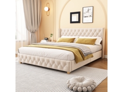 Cama Estofada 160200cm Com Estrado De Ripas E Cabeceira, Estofamento Com Botões E Tachas, Pés De Madeira, Veludo, Bege Claro Bga Store