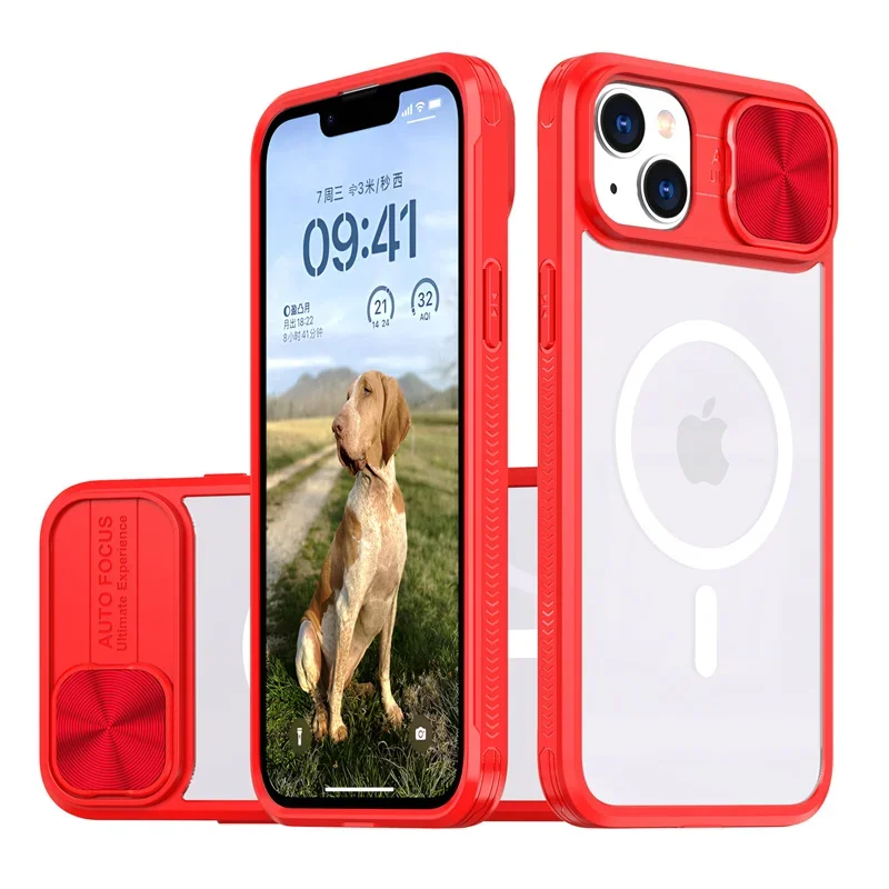 Capa Protetora Com Carregamento Sem Fio Magnético Magsafe (iphone 11 Pro Max, Vermelha) Com Tampa Deslizante De Acrílico Para Lente.