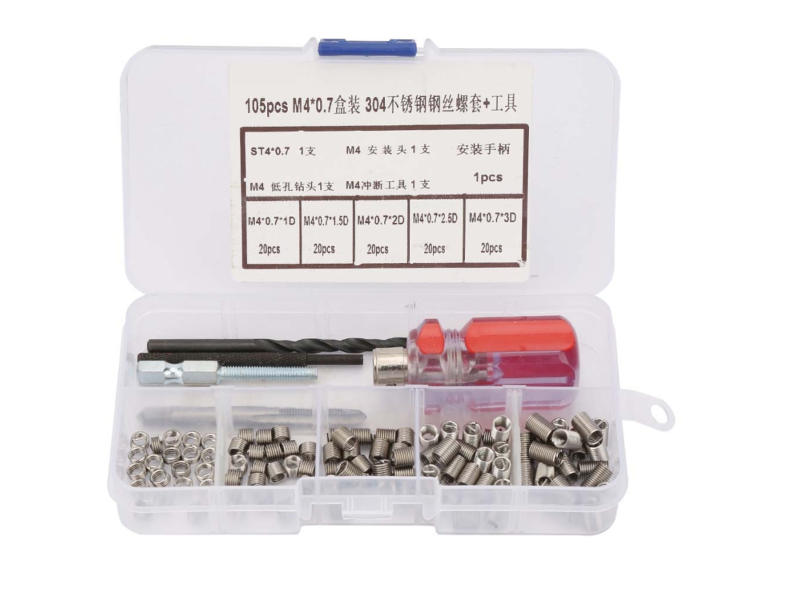 Kit de reparo de roscas com inserto de fio de aço inoxidável, 105 peças (m4*0,7)