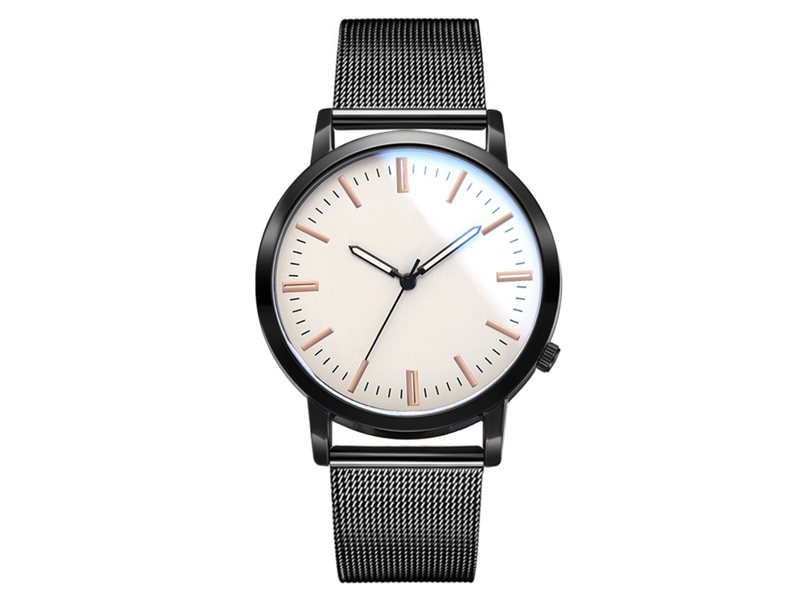 Relógio de pulso masculino casual com movimento de quartzo e mostrador em liga metálica preta e branca.
