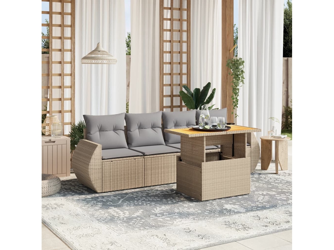 Vidaxl 5 Pcs Conjunto De Sofás P/ Jardim Com Almofadões Vime Pe Bege