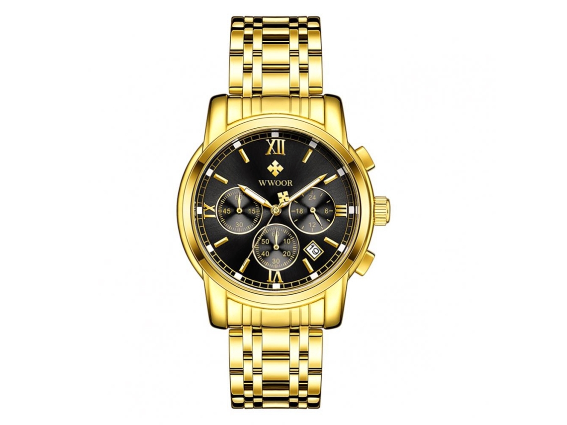 Relógio de pulso analógico de quartzo com pulseira ajustável em PU, à prova d'água, preto e dourado.